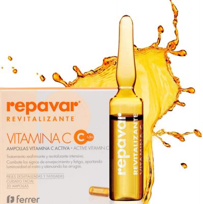 Repavar Revitalizante Active Vitamina C Pura 5.5% - Tratamiento Reafirmante y Revitalizante Intensivo 20 Ampollas Monodosis, Transparente